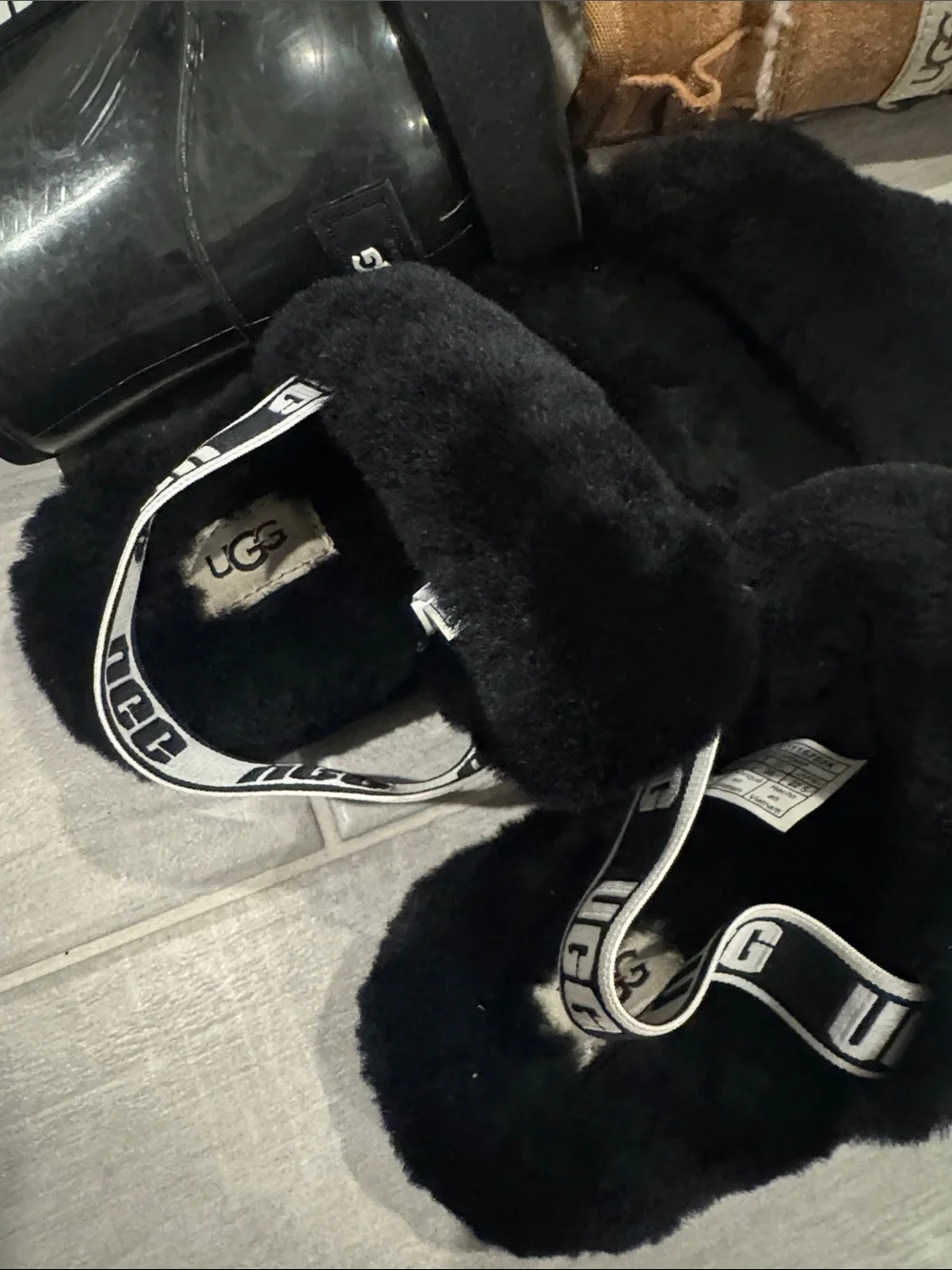 UGG Kids Black Faux Fur Slide Sandals